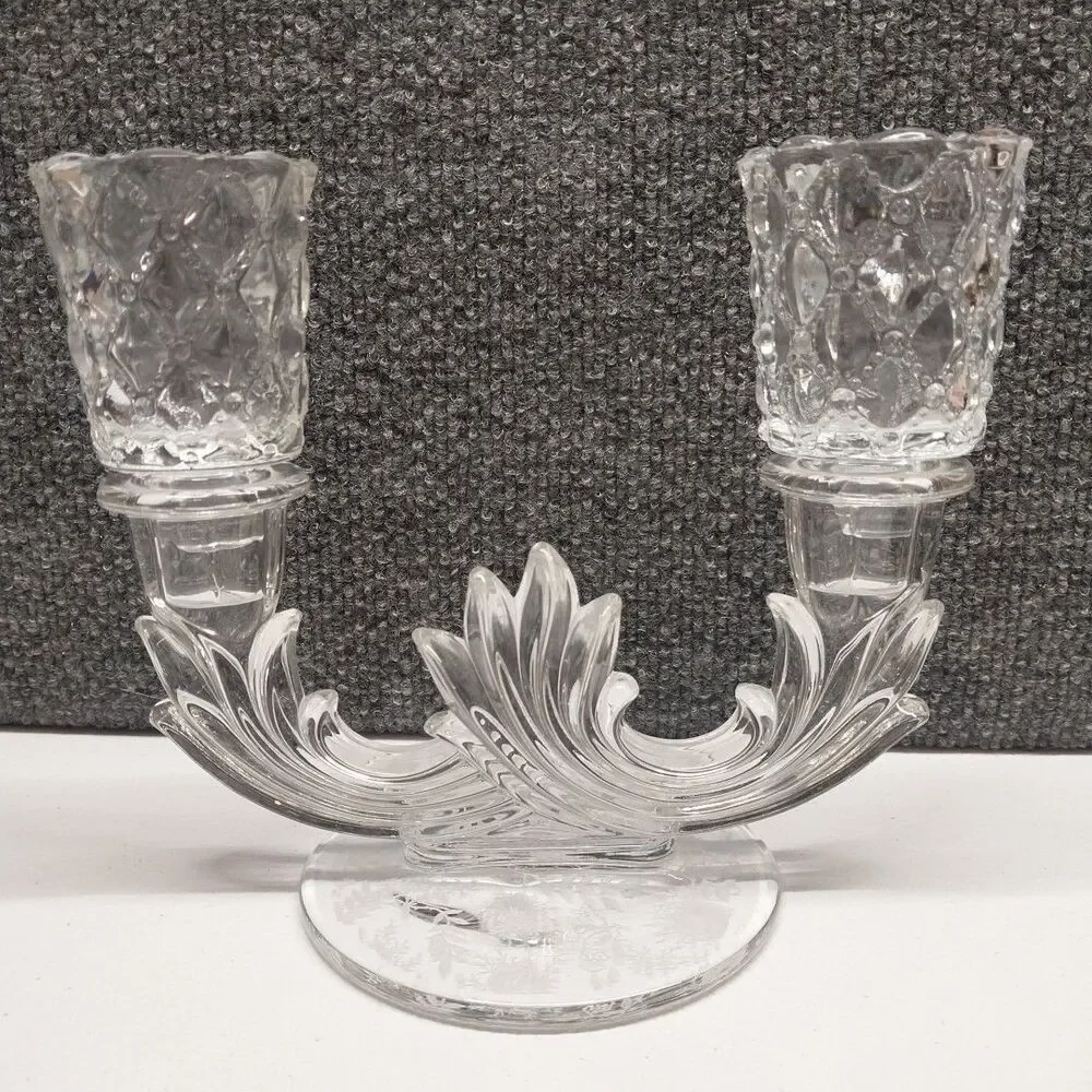 Vintage Clear Glass Double Votive Candle Holder Floral Etched Base Candelabra